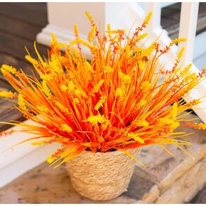 Artificial Fake Outdoor Plants Flowers for Autumn Decoration,10 Bundles Faux Plastic Tall Monkey Grass Greenery UV Resistant Realistic for Home Outside Planter Window Porch Patio Garden (Orange)