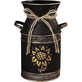 Shabby Chic Vase Rustic Galvanized Metal Milk Can Golden Sunflower Embossed Decorative Design - Black 7.6" H