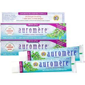 Auromere Ayurvedic Herbal Toothpaste, Mint Free - Vegan, Natural, Non GMO, Fluoride Free, Gluten Free, with Neem & Peelu (4.16 oz), 2 Pack