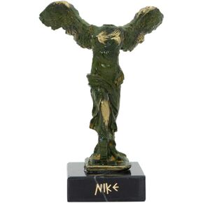 Handmade Silver Patina Winged Victory of Samothrace Statue on White and Black Marble Base 5 in