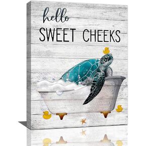 citari Sea Turtle Bathroom Wall Art Teal Sea Turtle Pictures Funny Sea Turtle in Bathtub Canvas Painting Print Artworks Coastal Beach Themed Ocean Animal Nautical Bathroom Decor Framed12''x16''