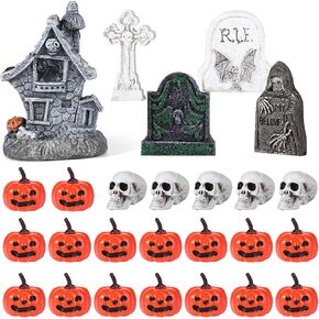 25 Pcs Halloween Miniature Tombstones Miniature Pumpkin Figurine Halloween Skulls and a Haunted House Halloween Figurines for Bar Home Table Decorations Graveyard Scene Terrain Scenery for Tabletop