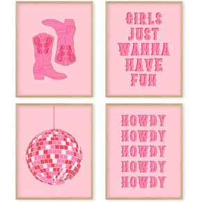 Boat Wades Pink Western Howdy Unframed Wall Art Prints,Cowgirl Preppy Posters Prints Pictures,Pink Cowgirl Wall Decor,Pink Dorm Decor,Teen Girl Room Dorm Decor,8x10 Inches Set of 4