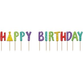 Blush Glittered Happy Birthday Letter Pick Candles - 3'', Set of 13 - Sparkling Decorative Party Cake Topper Accessories