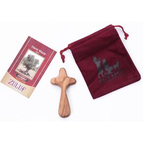 Zuluf Hand Made Crosses - Christian Gift Two Olive Wood Comfort Crosses - Wooden Palm Pocket Crosses To Hold In Your Hand - With Two Velvet Bags & Holy Land Two Certificates 9.5cm / 3.7 Inch CRS125