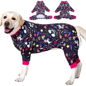 LovinPet Large Dog Pajamas Pitbull PJS: Wound Care/Post Surgery Dog Clothes, Large Dog Shirt, Unicorn Rainbows Black Print, Lightweight Stretchy Knit Pullover Dog Jammies, Pet PJ's/XXL