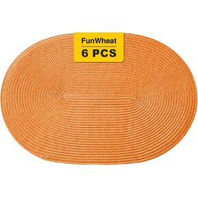 مجموعة مفارش بيضاوية مضفرة من FunWheat مكونة من 6 مفارش طاولة لطاولات الطعام منسوجة وقابلة للغسل وغير قابلة للانزلاق ومفارش طاولة مقاس 12 × 18 بوصة للاستخدام الداخلي والخارجي (برتقالي بيضاوي، 6 قطع) in Kuwait