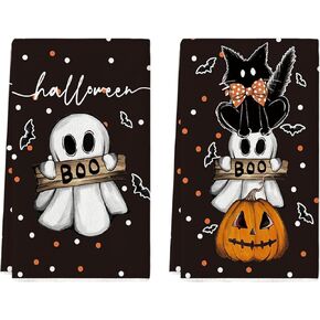 Artoid Mode Black Cat Pumpkin Ghost Halloween Kitchen Towels Dish Towels, 18x26 Inch Bats Jack-O'-Lantern Decoration Hand Towels Set of 2