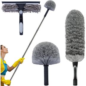 20 Ft+ High Reach Squeegee & Cobweb Duster Kit with 3-13 Ft Extension Splicable Pole, 2 in 1 Window Squeegee, Spider Web Brush, High Ceiling Feather Duster for Home High Window, Interior Roof- Gray