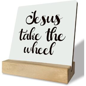 ديكور مسيحي، لوحة مكتب مع حامل خشبي مقاس 10.16 × 4.3 بوصة، لافتة خشبية ملهمة، فن ديكور الطاولة، ديكور ديني للمزرعة المنزلية، عمل فني مسيحي، علامة يسوع تأخذ العجلة in Kuwait