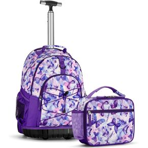 Choco Mocha Tie Dye Rolling Backpack for Girls with Lunch Bag, Large Travel Rolling Backpack Set for Teen Girls Middle School 18 Inch, Blue
