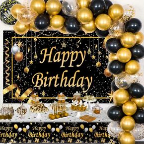Birthday Decorations for Men and Women Black Gold, Happy Birthday Decorations Backdrop & Tablecloth Confetti Balloons Arch Kit, Birthday Party Supplies Beer Bday Decor with Table Cover for 40th 50th
