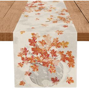 Fall Table Runner Maple Leaves Pumpkin Rubbing 13x36 Inch Seasonal Autumn Table Decorations for Home Kitchen Dining Party Decor