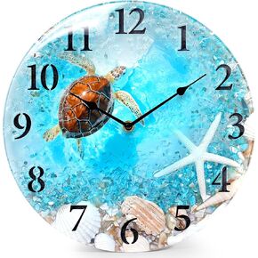 Coastal Nautical Glass Wall Clock with Seashell Design and Aesthetic Beach Theme - Battery Operated Silent Wall Decor for Home, Kitchen, Living Room, Office, Bedroom, or Bathroom (12 Inch,Teal)