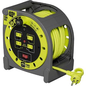 40ft Case Cord Reel, Extension Lead with Winding Handle, Safety Overload Circuit Breaker and Power Switch, 4x Grounded Outlets, 13amps, 14AWG Cable