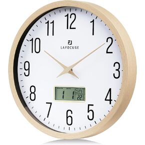 Lafocuse Brown Wooden Grain Frame LCD Wall Clock with Date and Temperature,Time,Month,Day of Week,Silent Quartz Digital Wall Clocks Battery Operated 12 inch Decorative for Living Room Office Bedroom