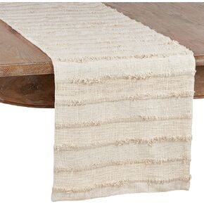 SARO LIFESTYLE Michonne Collection Fringe Stripe Table Runner, 16" x 54", Ivory