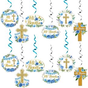 FFyhiinski 30P Floral Mi Bautizo Cross Baptism Party Hanging Swirl Glitter God and Blue Spiral Decor Whirl Streamers Religious First Holy Communion Party Favors for Birthday Baby Shower Ceiling Decor