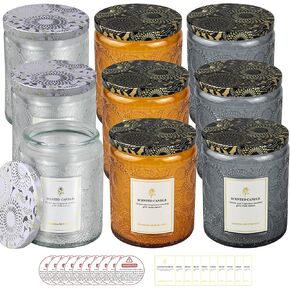 8.8OZ, 9 Pack Embossed Candle Jars for Making Candles, Clear Empty Glass Containers with Tin Lids and Sticker Label, Warning Label for Candle Making Candle DIY Craft