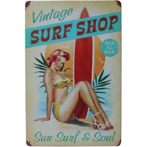 ARTCLUB Vintage Surf Shop Metal Tin Sign, Sun Surfer Surfboard Plate Plaque License Plate Home Bar Wall Decor