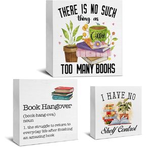 3 Pcs Book Wood Signs Decor Book Lover Wood Block Signs Too Many Books I Have No Shelf Control Book Hangover Wooden Box Signs Decorations for Home Tiered Tray Desk Table Shelf