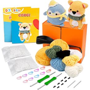 Fadoub Crochet kit for Beginner,Crochet Animal Kit,Beginner Crochet Kit for Adults, Crochet Starter Kits with Yarn,Crochet Hooks,Needles,Polyester Fiber(Dinosauria and Fox)