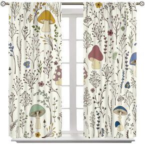 Mushroom Curtains,Colorful Plant Forest Botanical Print Window Treatments for Bedroom Living Room Kitchen Cartoon Herbs Floral Window Drapes 2 Panels Set,Total Size 42 x 45 Inch