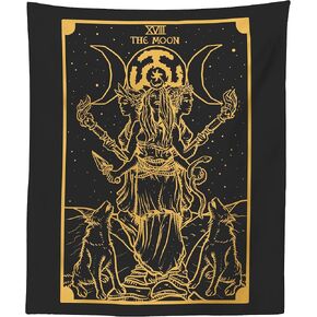 The Goddess Hecate Tarot Card Tapestry (Black & Gold) - Triple Moon Goddess of Witchcraft Hekate Wheel Pagan Witch Wall Hanging (59" x 51")
