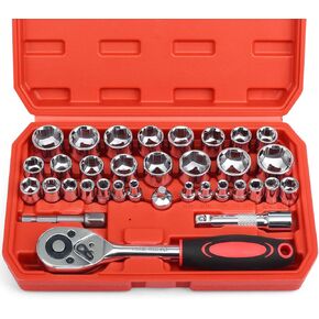 Egofine 3/8" socket set 34 PCS, 1/4" & 3/8" Drive, 6 Point CR-V SAE/Metric socket wrench set with 3/8" Quick-Release Ratchet Wrench, 3/8" Square Drill Socket Adapter, 3" Extension bar, Storage box