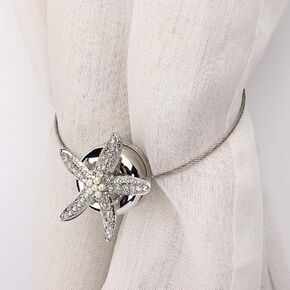 Magnetic Curtain Tiebacks, Shiny Starfish Design Curtain Tie Backs with Pearls Modern Curtain Holdbacks Strap Alloy Rope Tiebacks for Drapes Window Curtain Holdbacks for Draperies