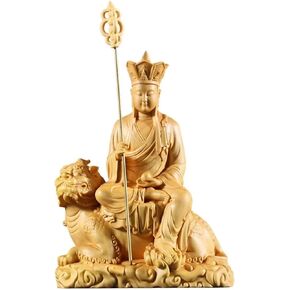 Ksitigarbha Bodhisattva Sitting on Tiger,Hand Carving Boxwood Buddha Statue for Home Office Decor,Ward Off Evil Spirits Buddha Figurines for Housewarming Gift