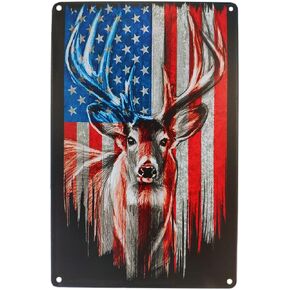 Hunting Metal Tin Sign Wall Man Cave Decor Poster, American Flag Deer Vintage Sign Metal Poster Plaque for House Bar Pub Wall Art Sign-12x8 In