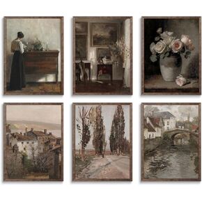 FYARTKJ 6Pcs Autumn Landscape Wall Art, Vintage Farmhouse Fall Nature Wilderness Illustrations Wall Decor Prints French Country Neutral Aesthetic Posters Rustic CottageCore Decoration, Unframed