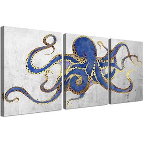 3 Piece Octopus Wall Art Painting Navy Blue Marine Animal Picture Print On Canvas Ocean Life Poster for Bathroom Bedroom Home Decor Decoration Gift Easy To Hang 12"x16"x3PCS