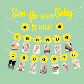 Sunflower Baby Is One Birthday Photo Banner 1st Birthday Photo Garland 12 Month Bunting Garland for First Birthday Party Decoration Sunflower Party Supplies Photo Prop