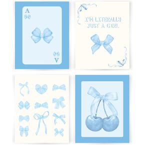 YQDEJ Coquette Blue Bow Preppy Wall Art Prints Set of 4, Coquette Room Decor, Preppy Room Decor Aesthetic, Light Blue Cherry Bow Posters Wall Decor for Girls Room Dorm Apartment, 8x10 Unframed