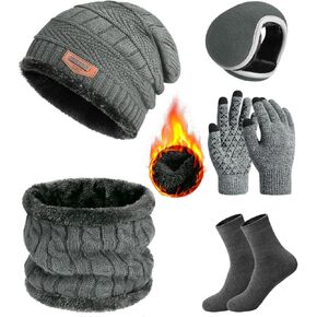 Hat Scarf Gloves Set 5PCS Warm Beanie Hat Scarf Touch Screen Gloves Ear Warmers Thermal Socks Winter Set