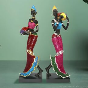 Rayberro 2 Pack African Women Sculpture,9.84in Black Women Figure Figurine Tribal Lady African American Women Statue Home Decor Collectible Art Crafts Vintage Tabletop Ornaments Decorations Gift