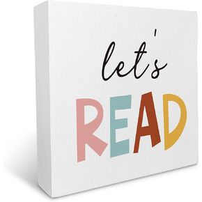 KU-DaYi Let's Read Wood Box Sign, Reading Corner Decor for Classroom Library Decor Decoration, Home Kids Reading Room Nursery Playroom Shelf Table Decor Wooden Block Plaque Desk Decor 5x5 Inch