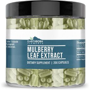 Earthborn Elements White Mulberry Leaf Extract 200 Capsules, Pure & Undiluted, No Additives