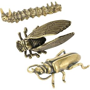 Small Brass Metal Statue Animals Figurine Brass Decor Ornaments Home Tea Table Feastival Decorations for Living Room, Bedroom 3PC (Caterpillar and cicada and Beetle (Brass-3pc)