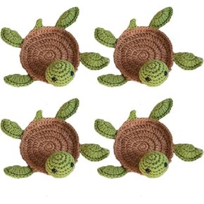 4 Pcs Crochet Tortoise Coasters for Drinks, Funny Handmade Woven Coaster Set, Cute Turtle Shaped Mug Cup Mat Table Desk Decoration Housewarming Gift