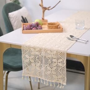 Table Runner 47 Inches, Linen Farmhouse Long Table Runners, Cream Boho Table Runner with Tassels for Dining Kitchen Bohemian Wedding Party Dresser Decor, Black