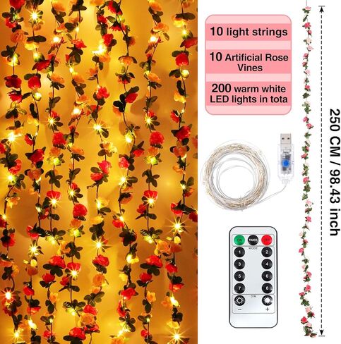 Unittype 10 قطع 200 مصباح LED على شكل زهرة وردية من الكرمة الجنية، 10 قطع من إكليل الزهور الاصطناعية مع أضواء زهرة خلفية من الكروم لتزيين الغرفة للسلال المعلقة على الحائط وخلفية حديقة الزفاف in Kuwait