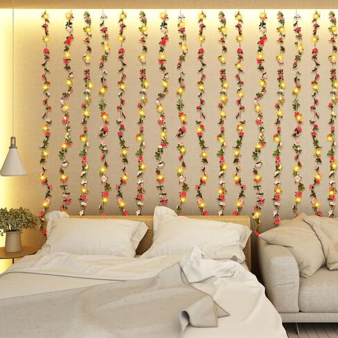 Unittype 10 قطع 200 مصباح LED على شكل زهرة وردية من الكرمة الجنية، 10 قطع من إكليل الزهور الاصطناعية مع أضواء زهرة خلفية من الكروم لتزيين الغرفة للسلال المعلقة على الحائط وخلفية حديقة الزفاف in Kuwait