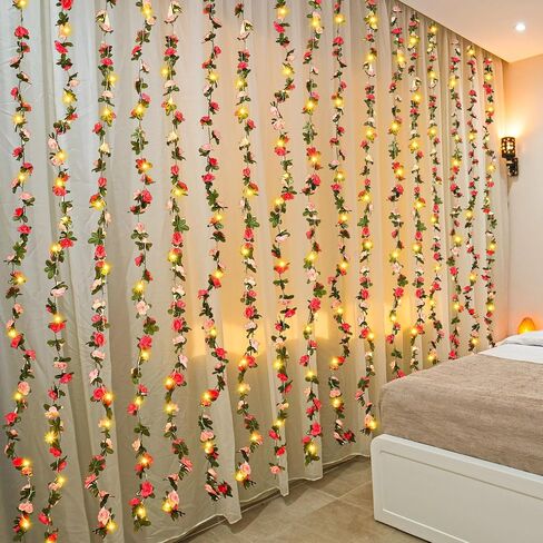 Unittype 10 قطع 200 مصباح LED على شكل زهرة وردية من الكرمة الجنية، 10 قطع من إكليل الزهور الاصطناعية مع أضواء زهرة خلفية من الكروم لتزيين الغرفة للسلال المعلقة على الحائط وخلفية حديقة الزفاف in Kuwait