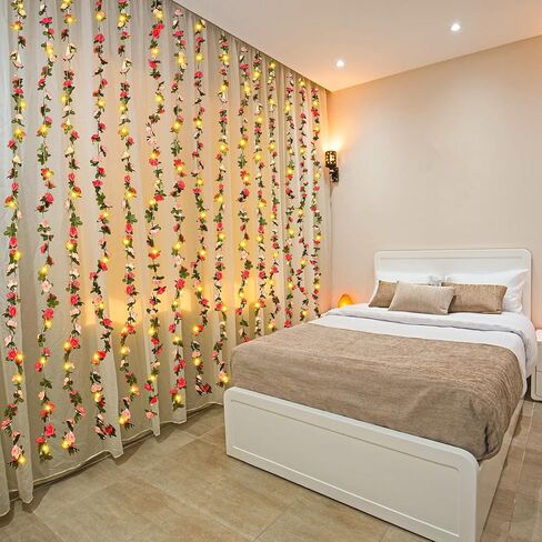 Unittype 10 قطع 200 مصباح LED على شكل زهرة وردية من الكرمة الجنية، 10 قطع من إكليل الزهور الاصطناعية مع أضواء زهرة خلفية من الكروم لتزيين الغرفة للسلال المعلقة على الحائط وخلفية حديقة الزفاف in Kuwait