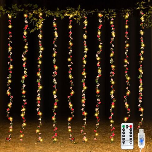 Unittype 10 قطع 200 مصباح LED على شكل زهرة وردية من الكرمة الجنية، 10 قطع من إكليل الزهور الاصطناعية مع أضواء زهرة خلفية من الكروم لتزيين الغرفة للسلال المعلقة على الحائط وخلفية حديقة الزفاف in Kuwait