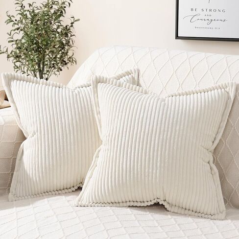Mecatny Corduroy Pillow Covers 18x18 Inch Set of 2 - Striped Throw Pillow Covers with Wide Border for Living Room, Bed - Soft Square Decorative Pillow Covers for Couch - Cream White in Saudi Arabia