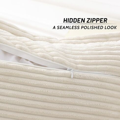 Mecatny Corduroy Pillow Covers 18x18 Inch Set of 2 - Striped Throw Pillow Covers with Wide Border for Living Room, Bed - Soft Square Decorative Pillow Covers for Couch - Cream White in Saudi Arabia